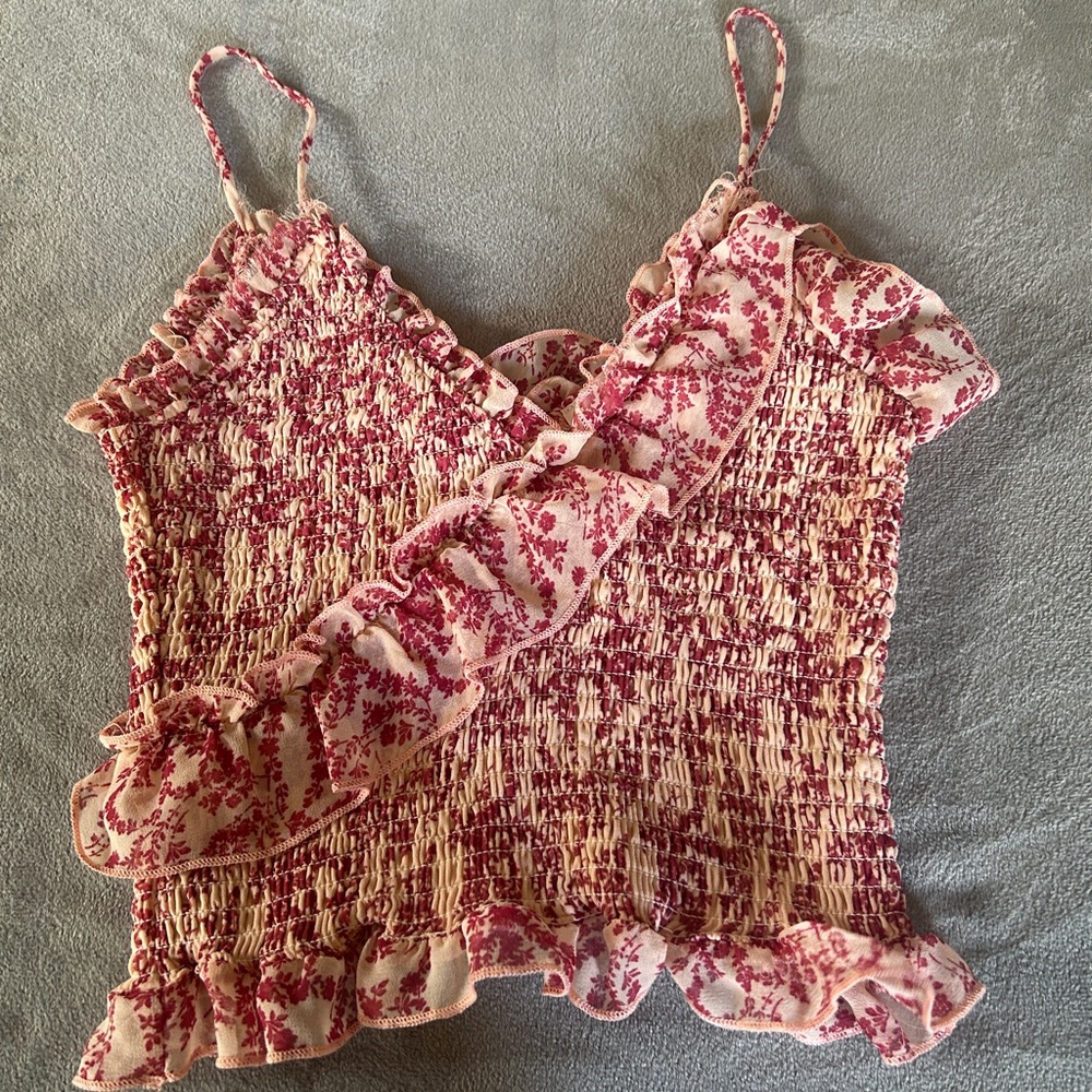 Olivaceous Pink Floral Smocked Ruffle Cami